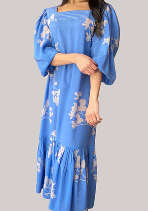 Blue Silk Dress with Golden Flowers