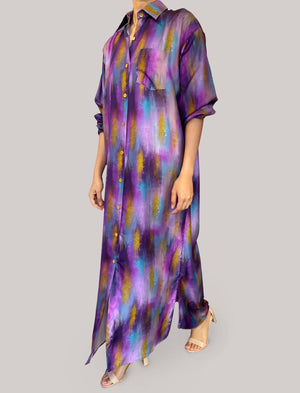 Silk Twill Dress in Purple Gold and Blue