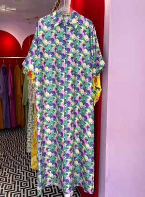 Silk fabric with green, purple and yellow color zipper dress