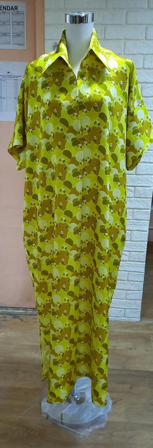 Silk Twill Dress in Mustard and Brown (042)
