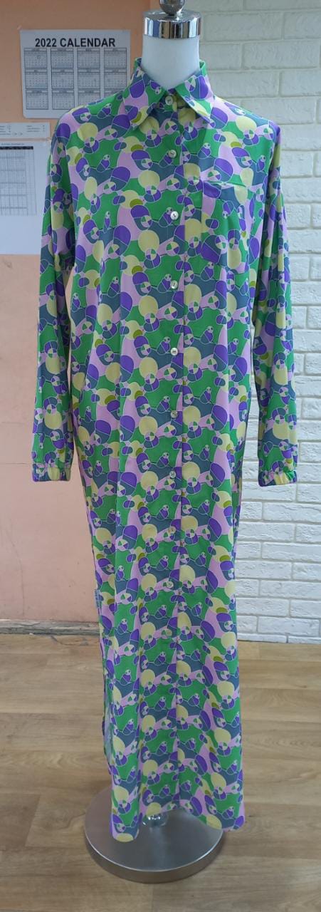 Cotton Shirt Dress in Green and Purple with Button