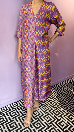 Silk Twill Dress in Purple Yellow and Orange