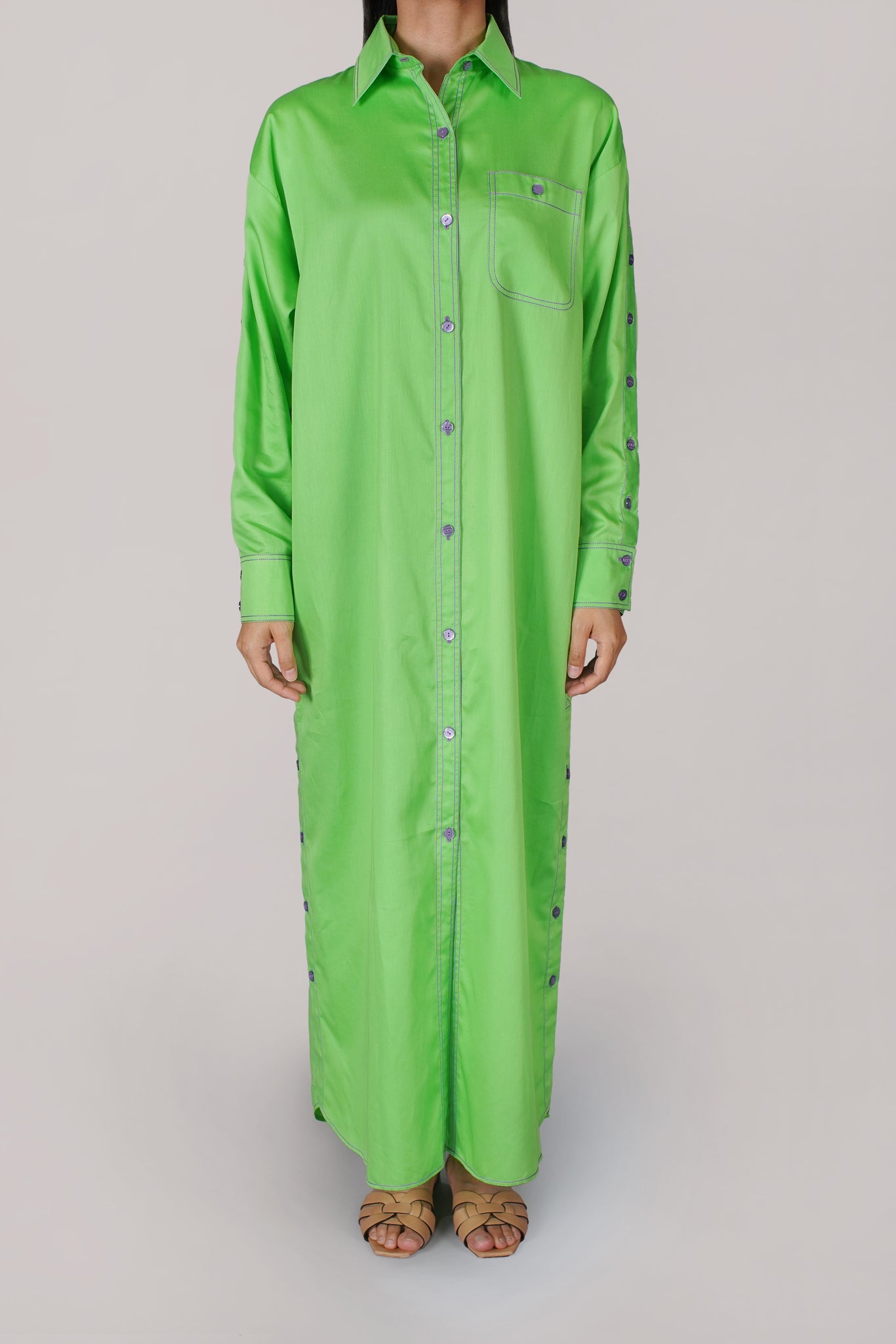 Bright Green with Purple Thread Button Shirt Dress (040)
