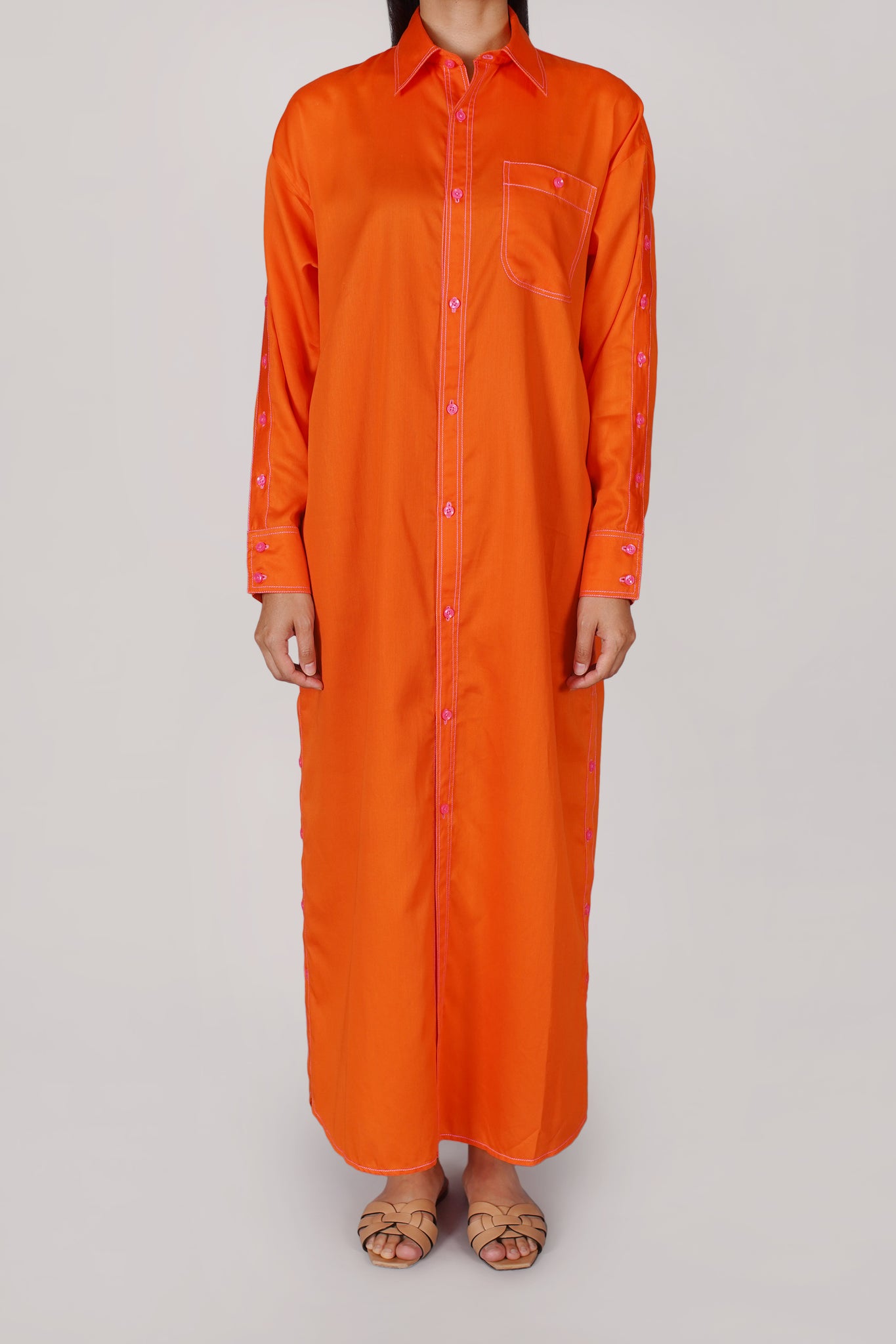 Bright Orange with Pink Thread Button Shirt Dress (040)