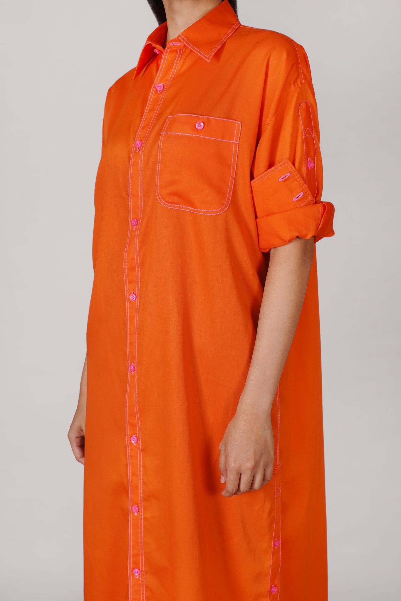 Bright Orange with Pink Thread Button Shirt Dress (040)