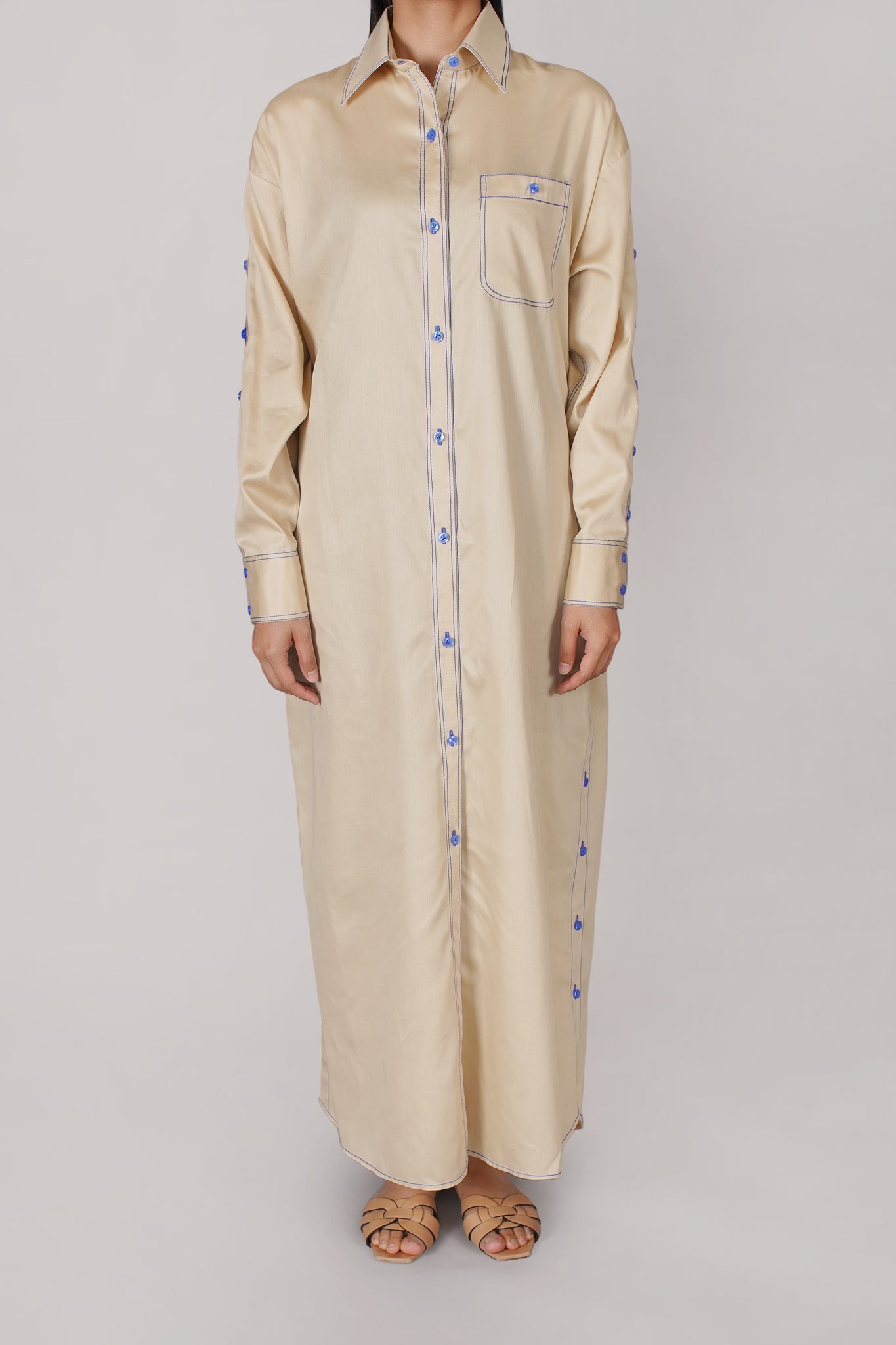 Beige with Blue Thread Button Shirt Dress (040)