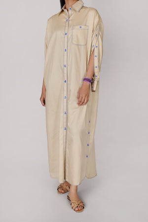Beige with Blue Thread Button Shirt Dress (040)