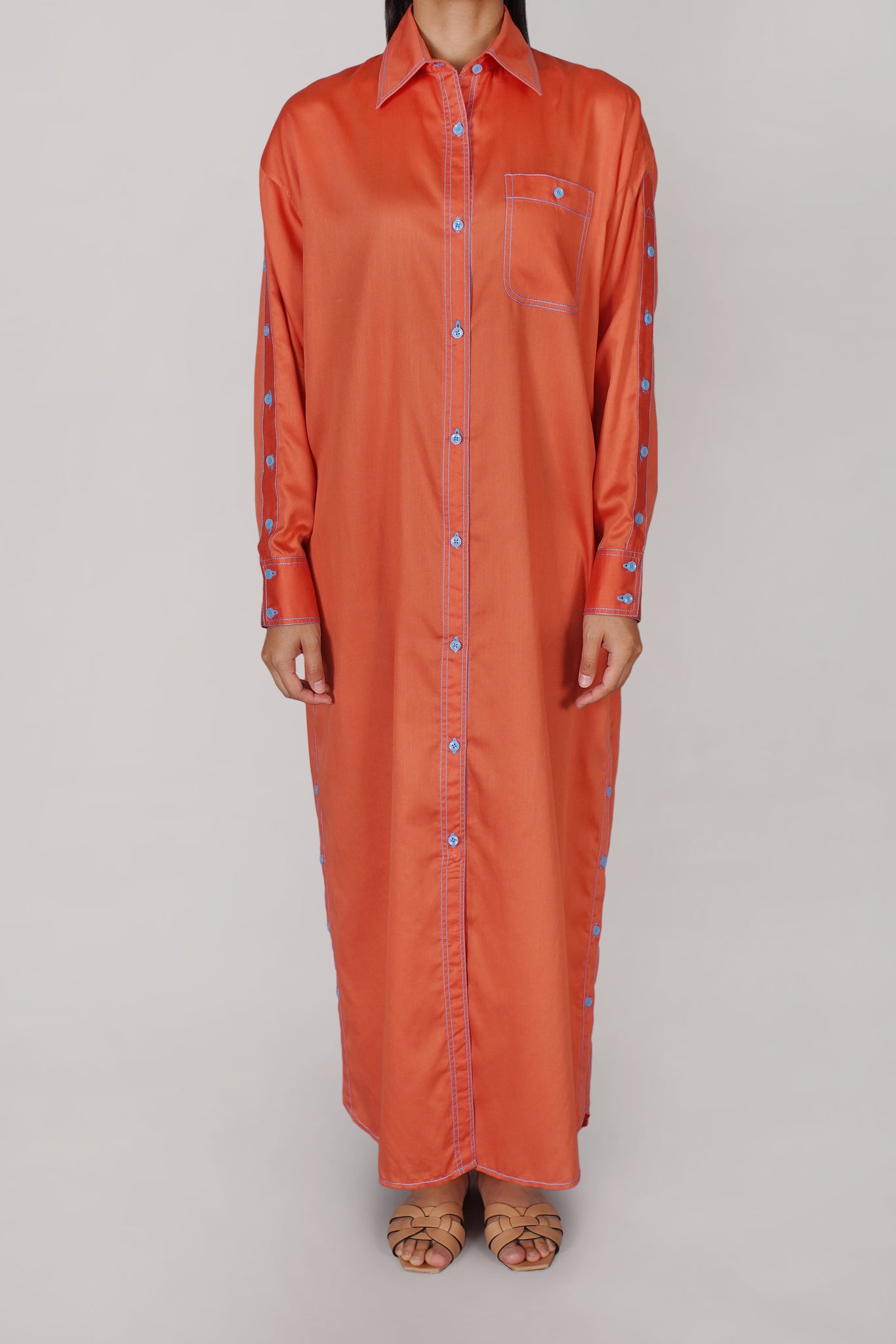 Dark Orange with Blue Thread Button Shirt Dress (040)