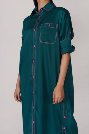 Dark Green with Pink Thread Button Shirt Dress (040)