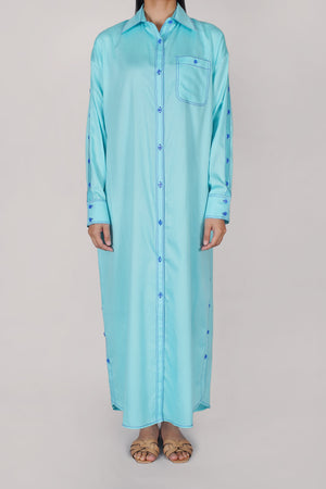 Light Blue with Dark Blue Thread  Button Shirt Dress (040)