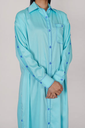 Light Blue with Dark Blue Thread  Button Shirt Dress (040)