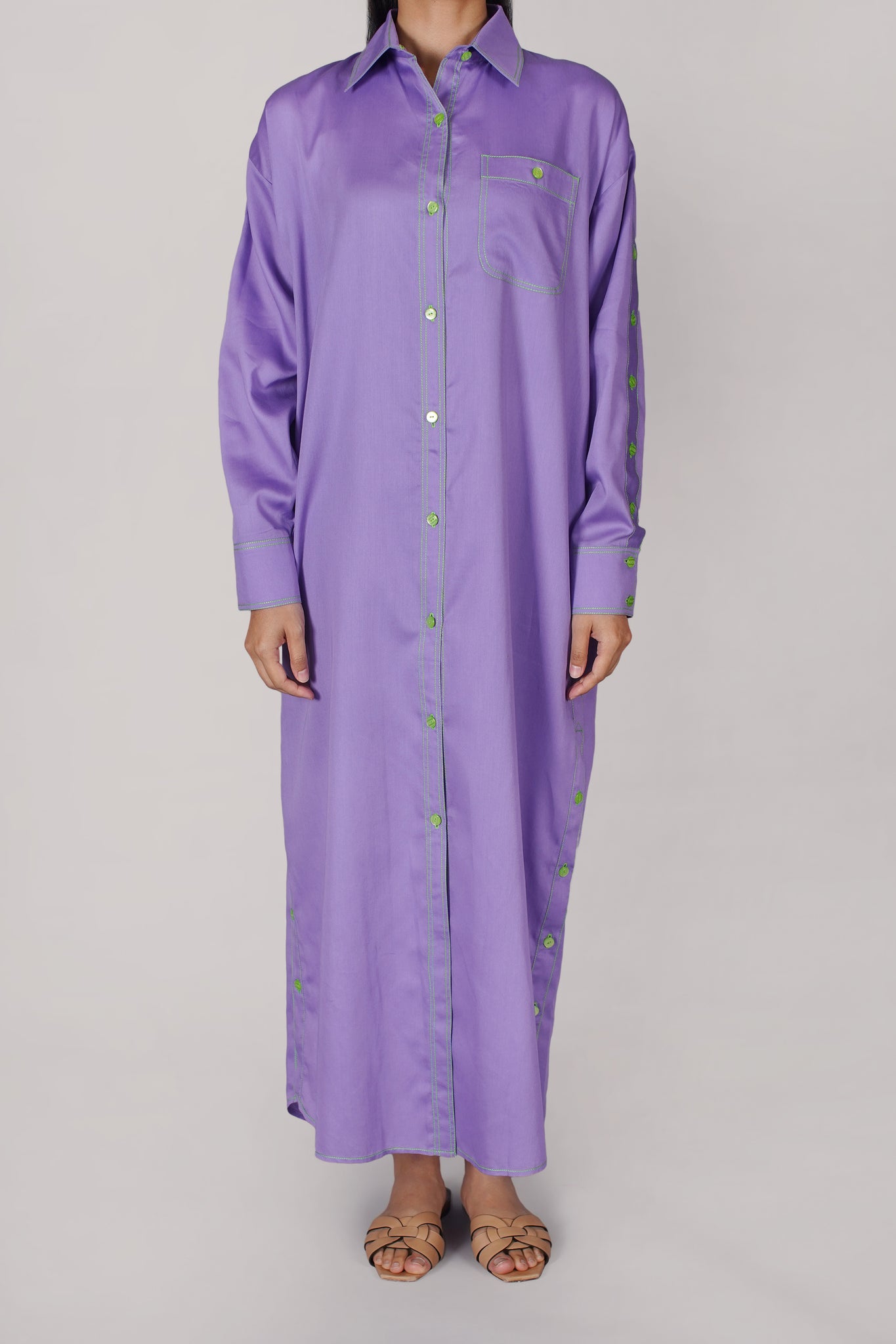 Purple with Green Thread Button Shirt Dress (040)