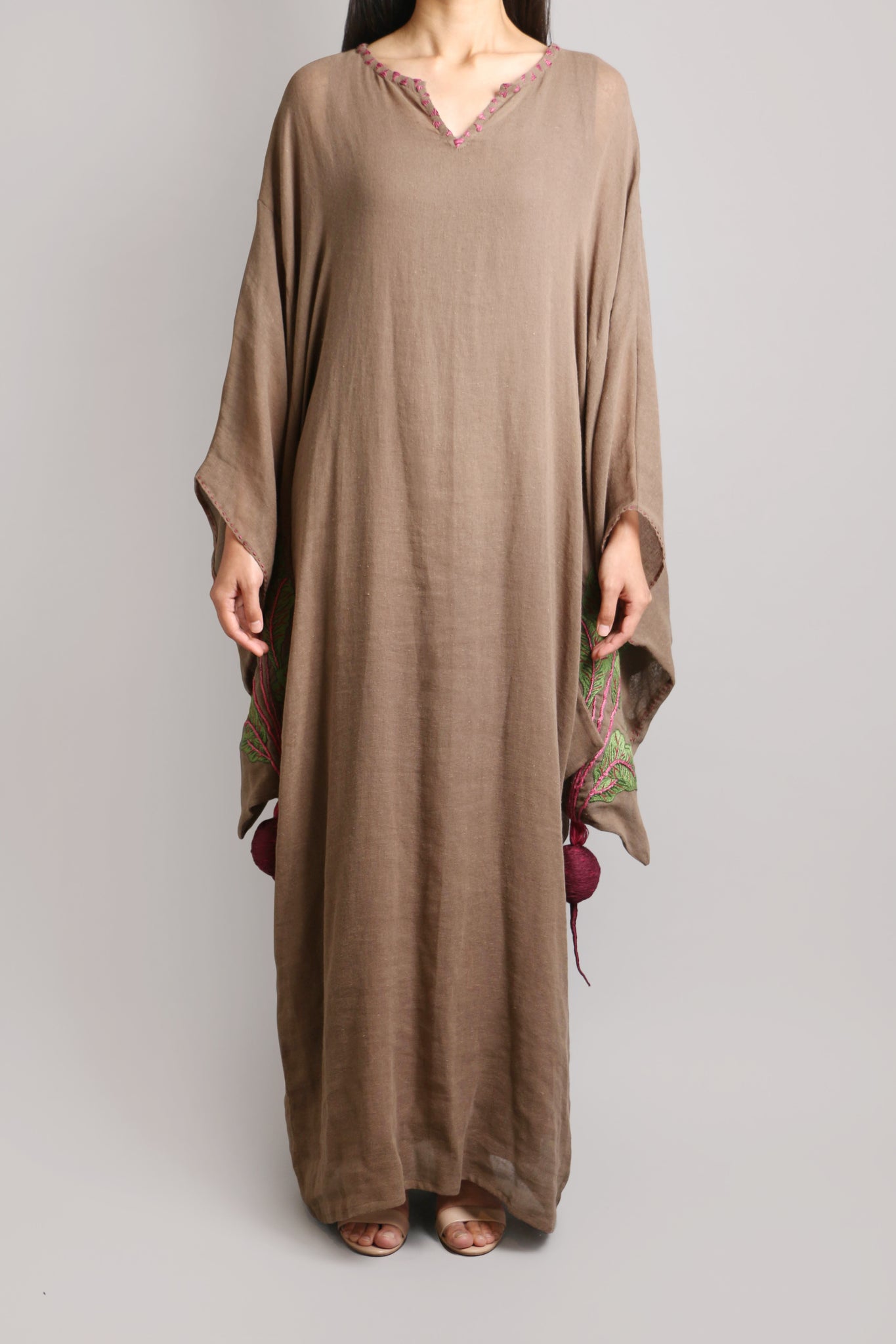 Light Brown Linen Base Kimono with Beetroot Embroidery (023)