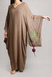 Light Brown Linen Base Kimono with Beetroot Embroidery (023)