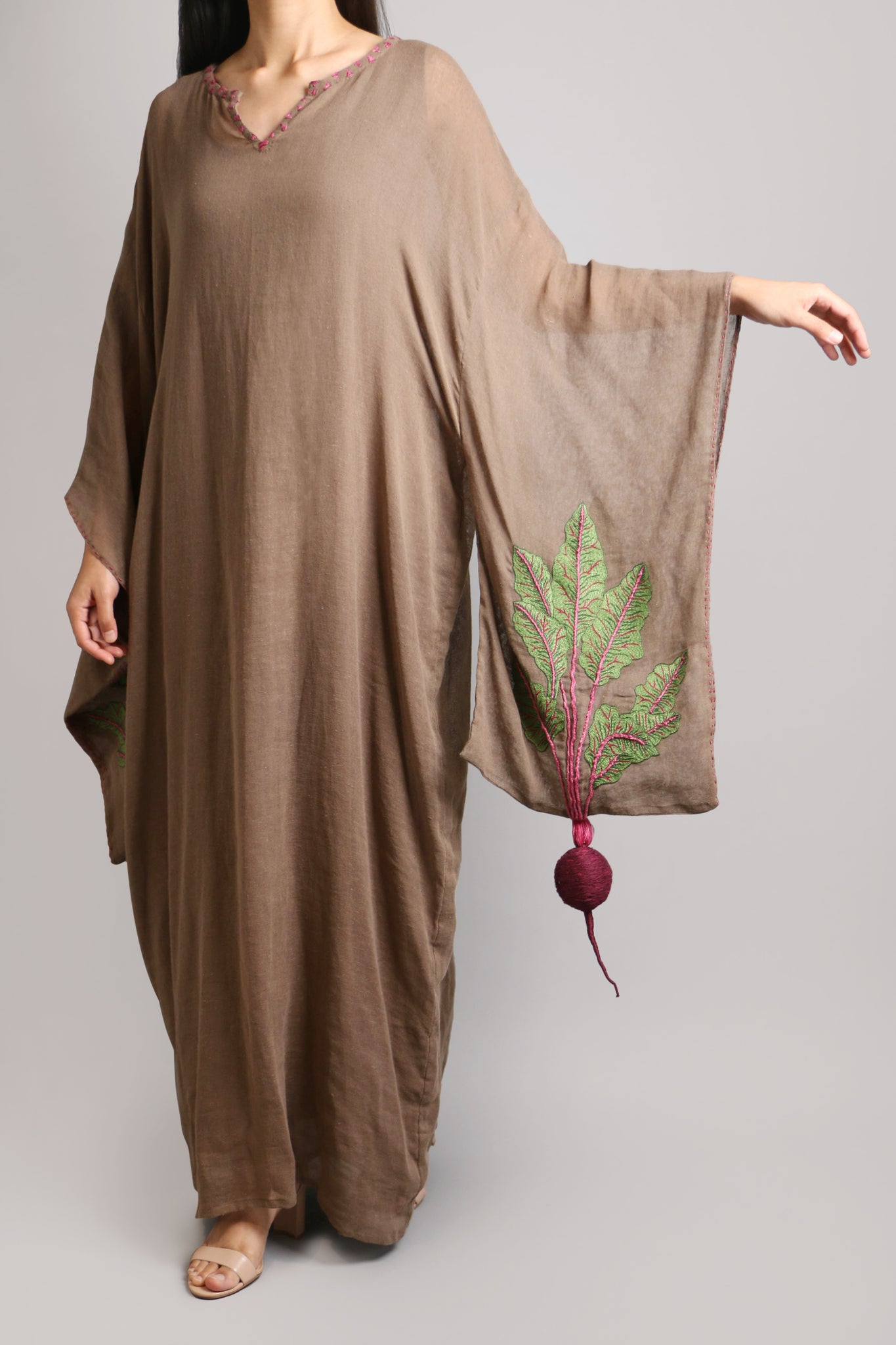 Light Brown Linen Base Kimono with Beetroot Embroidery (023)