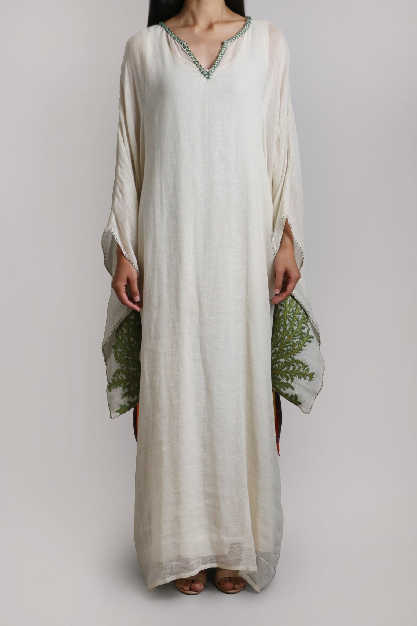 Beige Linen Base Kimono Sleeves with Carrot Embroidery (023)