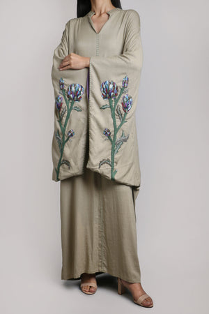 Beige Color Linen Base with Artichoke Flower Embroidery (023)