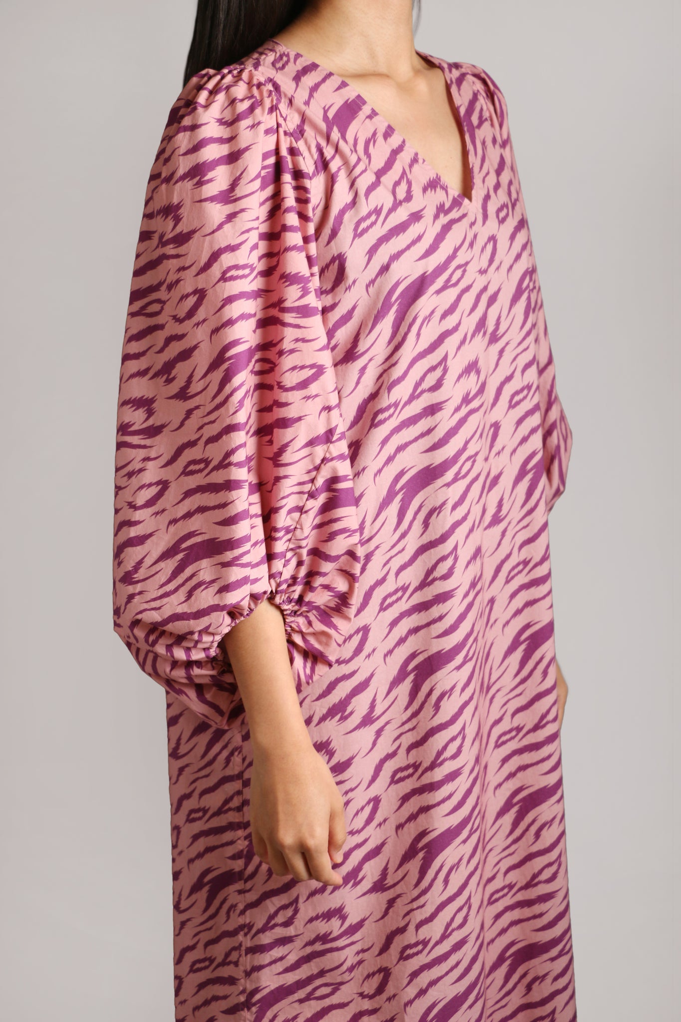 Pink Zebra Print Cotton Dress with Puffed Sleeves (005)