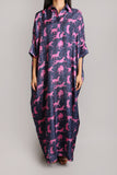 Dark Blue with Pink Cheetah Print Silk Shirt Dress (012)