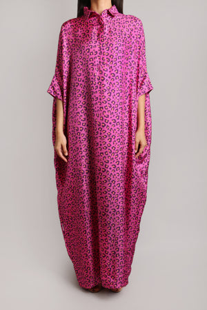 Fuschia Leopard Print Silk Shirt Dress (012)