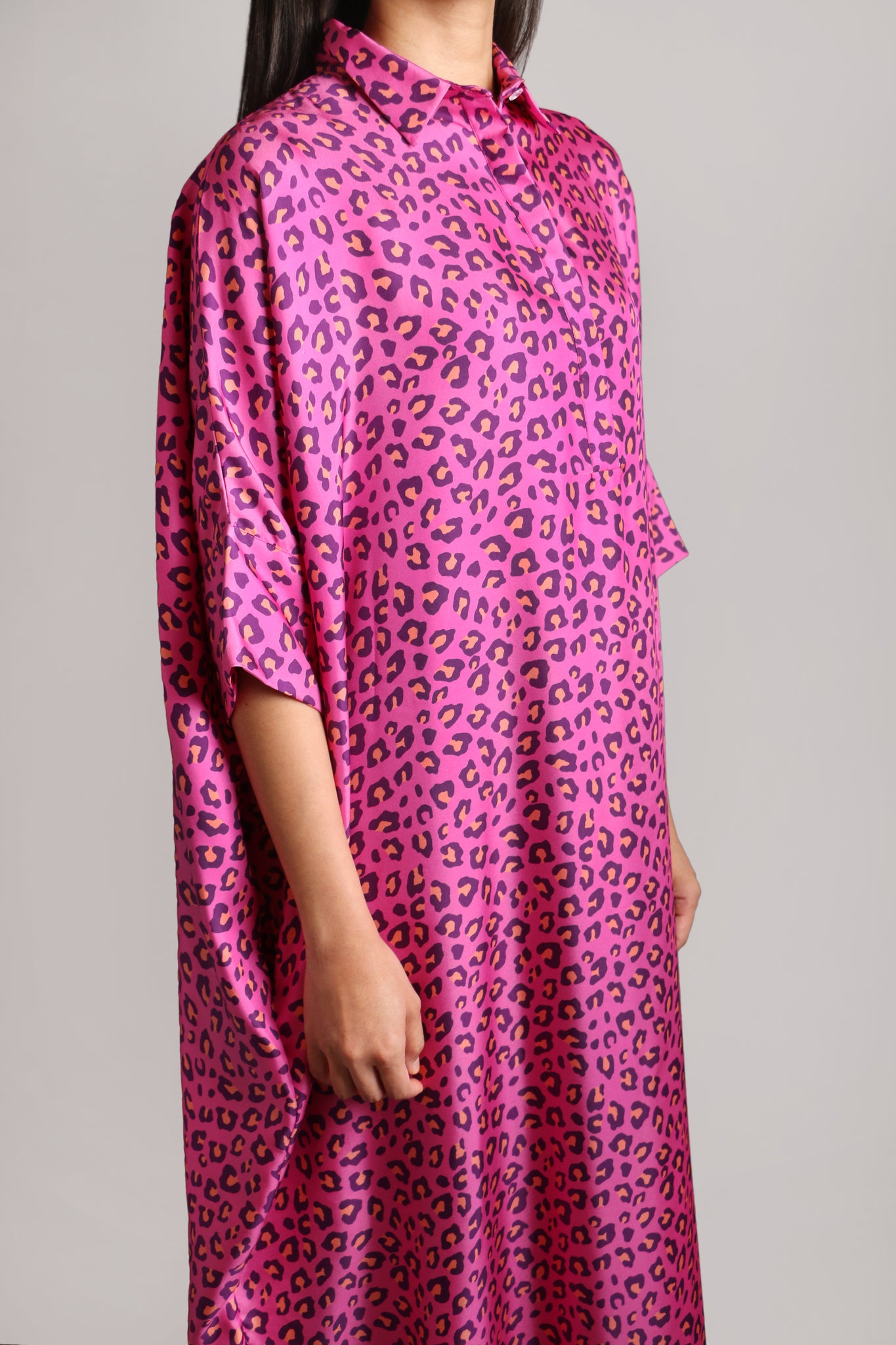 Fuschia Leopard Print Silk Shirt Dress (012)