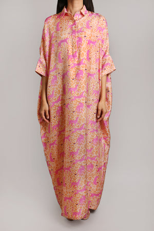 Leopard with Pink Cheetah Print Silk Shirt Dress (012)