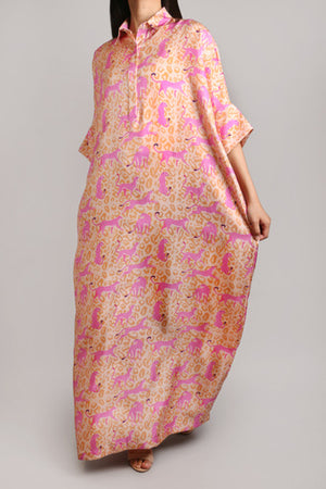 Leopard with Pink Cheetah Print Silk Shirt Dress (012)