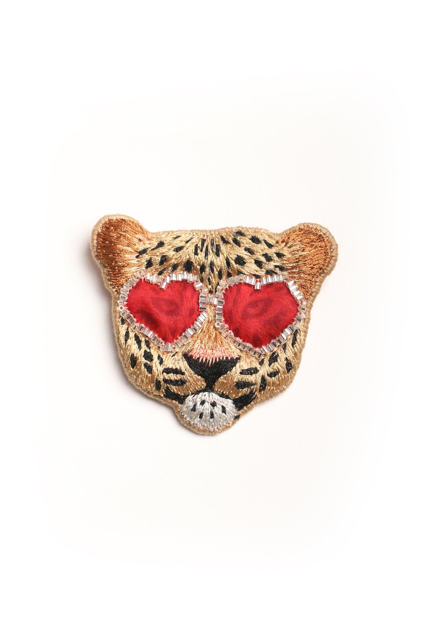 Leopard Face Red Glass Embroidery Brooch