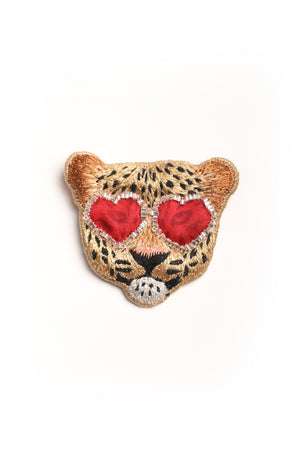 Leopard Face Red Glass Embroidery Brooch