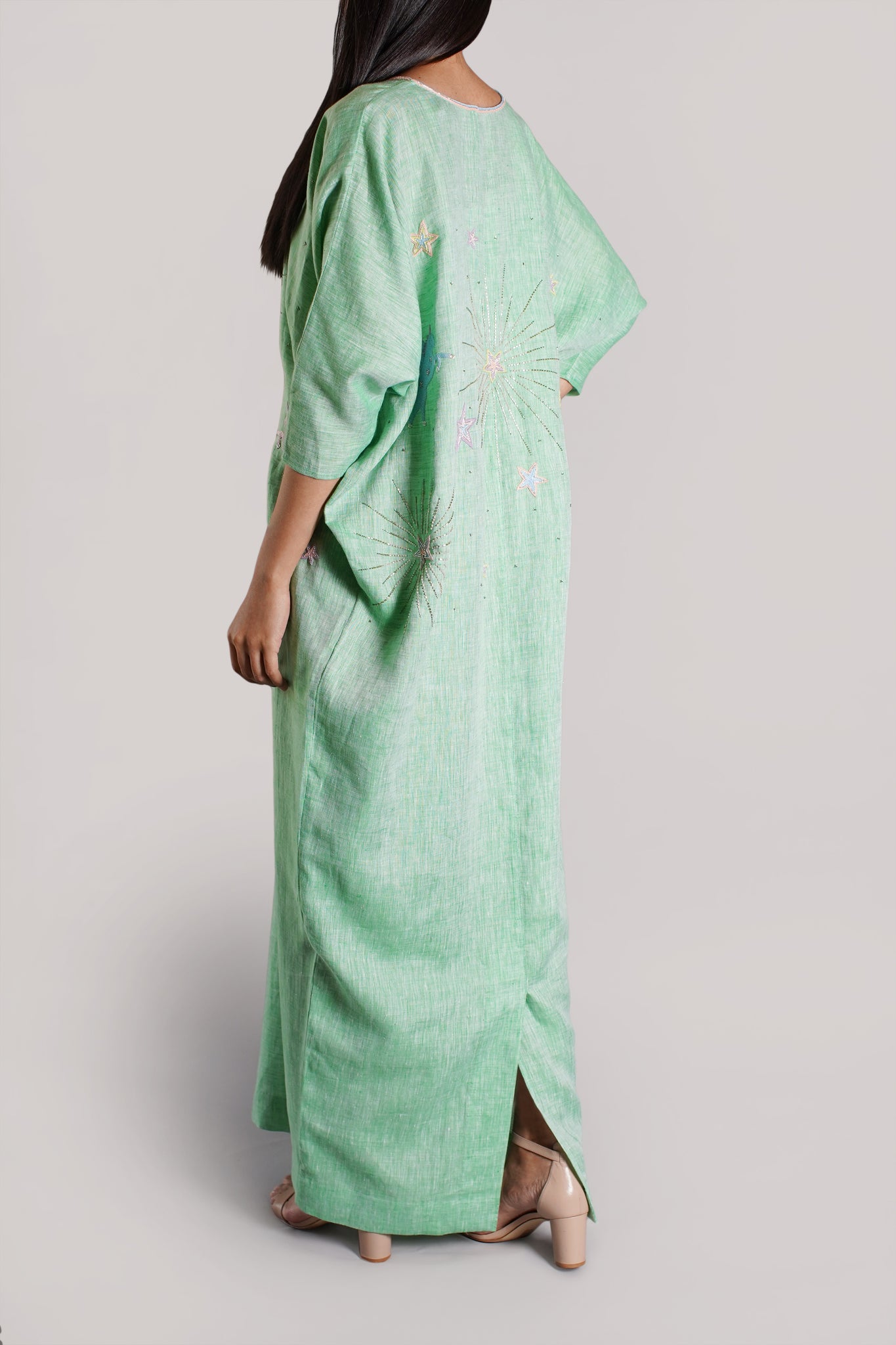 Light Green Linen Dress with Unicorn Upper Embroidery (038-E)