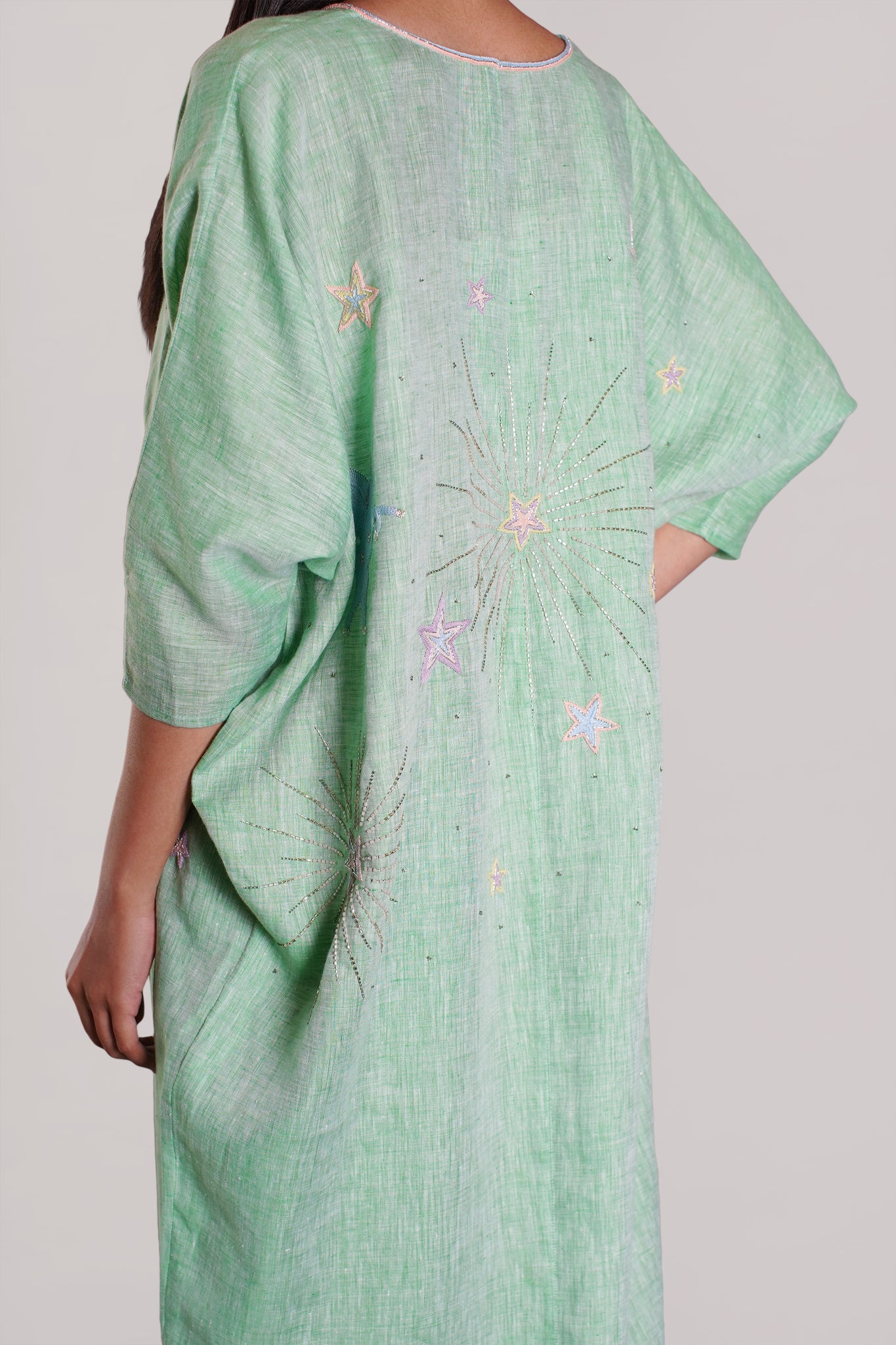 Light Green Linen Dress with Unicorn Upper Embroidery (038-E)